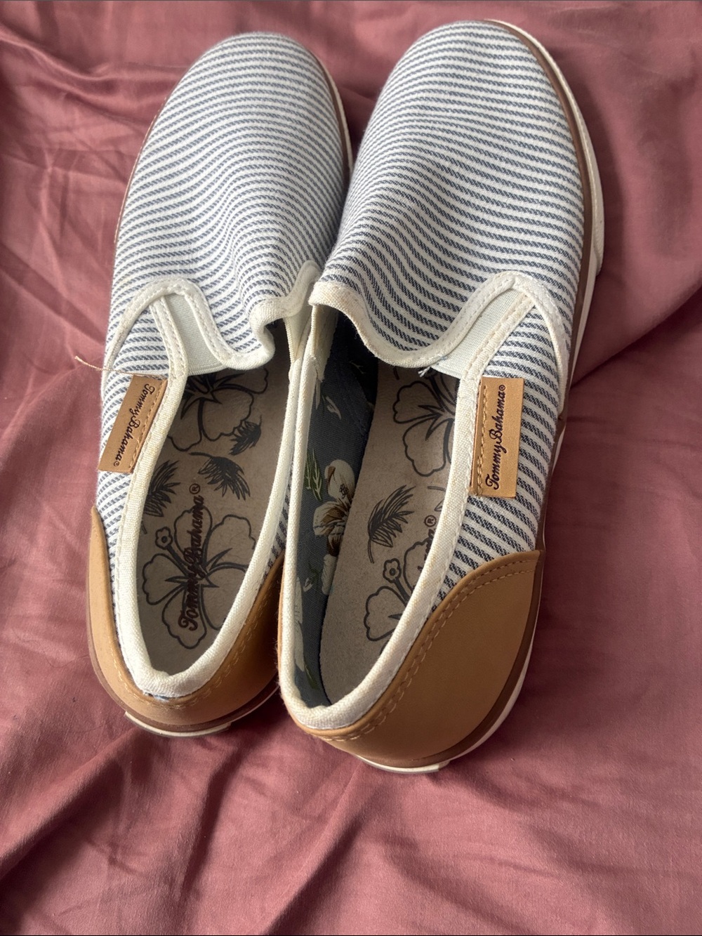 Tommy Bahama Blue & White Striped Espadrille Slip-Ons with Tan Accents